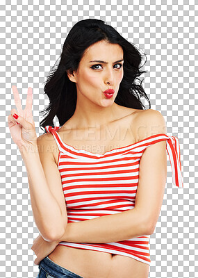 Buy stock photo Woman, portrait and peace sign in beauty, makeup or cosmetics isolated on a transparent PNG background. Face of young attractive female person or model posing with pout in casual clothing or style