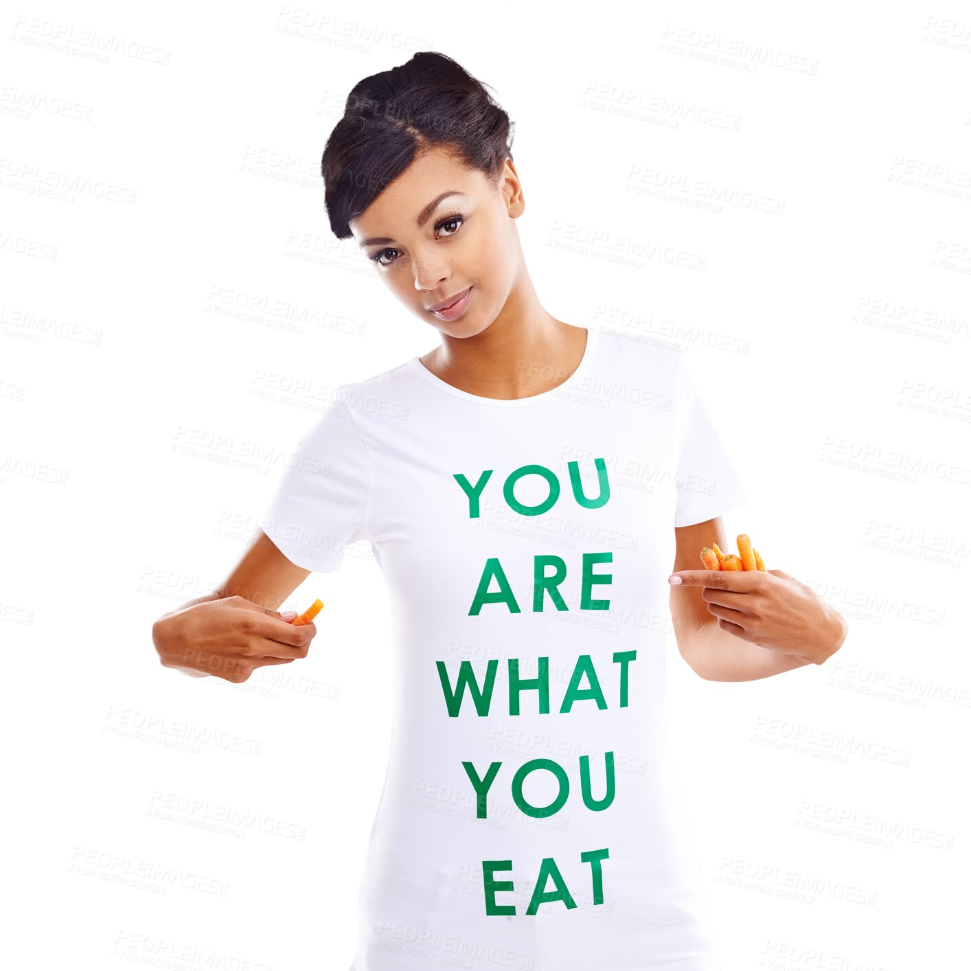 Buy stock photo Vegetable, woman and diet portrait with health eating, wellness tshirt and message. Nutrition, healthy food and female model with snack, meal and hungry isolated on a transparent, png background