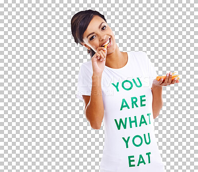 Buy stock photo Vegetable, woman eating and diet portrait with health, wellness tshirt and message. Nutrition, healthy food and female model with snack, meal and hungry isolated on a transparent, png background