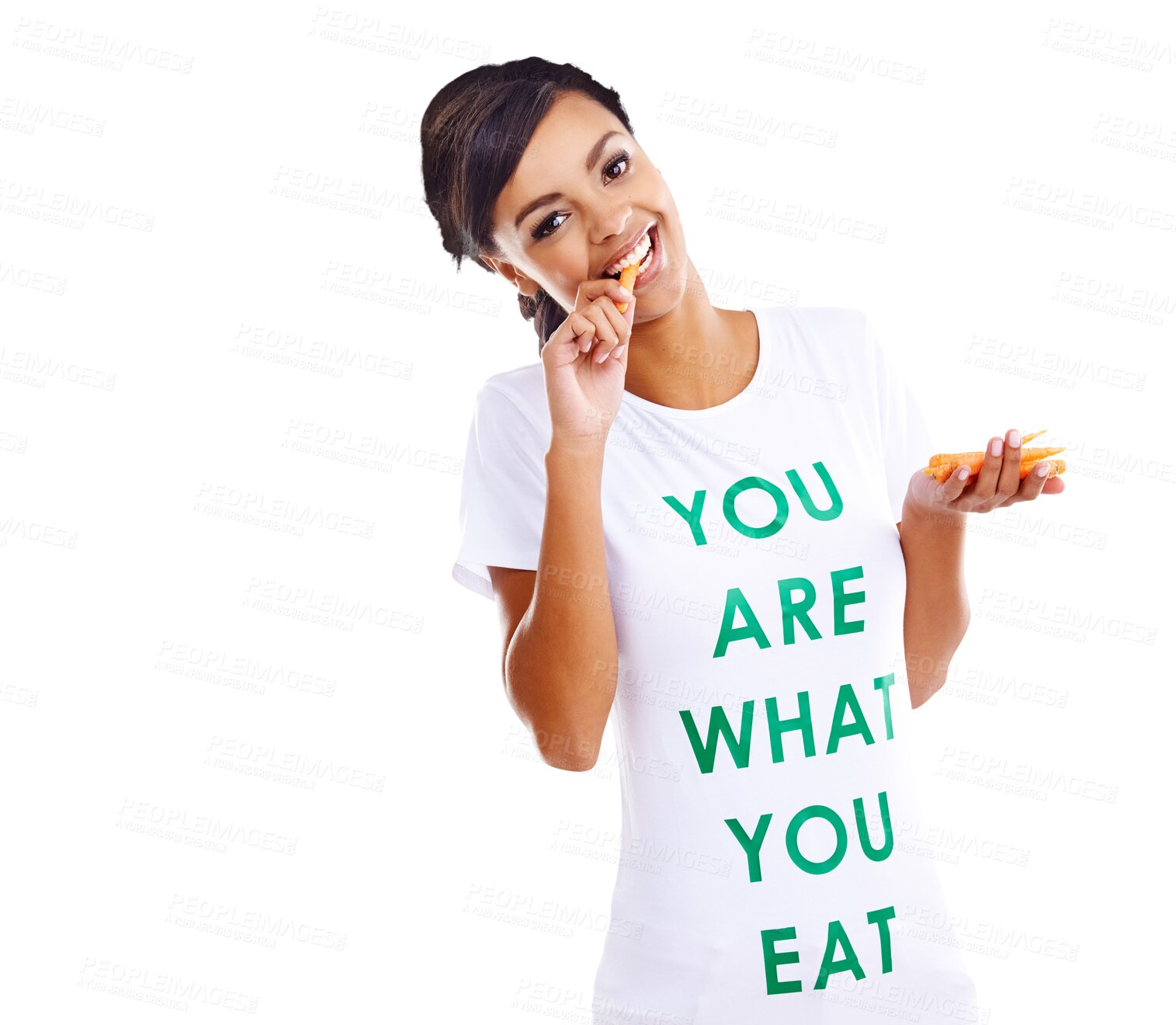 Buy stock photo Vegetable, woman eating and diet portrait with health, wellness tshirt and message. Nutrition, healthy food and female model with snack, meal and hungry isolated on a transparent, png background