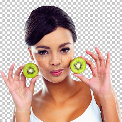 Buy stock photo Woman, portrait and kiwi for natural nutrition or diet isolated on a transparent PNG background. Face of female person, vegetarian or model holding organic fruit or food for healthy snack or meal