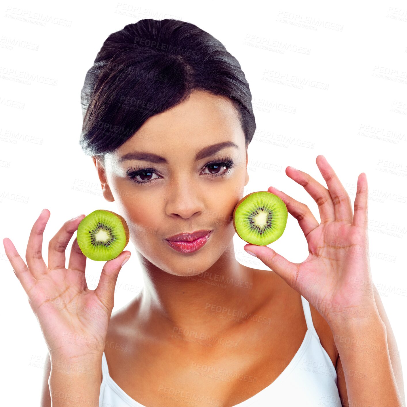 Buy stock photo Woman, portrait and kiwi for natural nutrition or diet isolated on a transparent PNG background. Face of female person, vegetarian or model holding organic fruit or food for healthy snack or meal