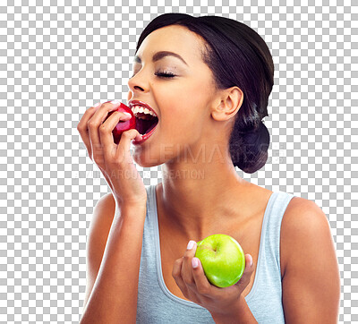 Buy stock photo Happy woman, bite and apple for natural nutrition or diet isolated on a transparent PNG background. Face of female person, vegetarian or model eating organic fruit or food for healthy snack or meal