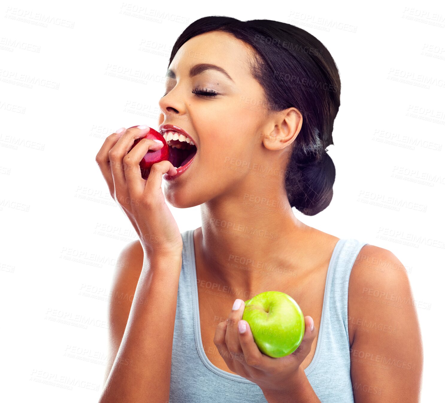 Buy stock photo Happy woman, bite and apple for natural nutrition or diet isolated on a transparent PNG background. Face of female person, vegetarian or model eating organic fruit or food for healthy snack or meal