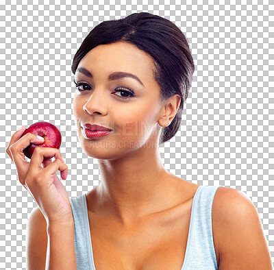 Buy stock photo Fruit, woman and apple portrait with health eating, wellness smile and happy. Nutrition, healthy food and female model with snack, diet meal and hungry isolated on a transparent, png background