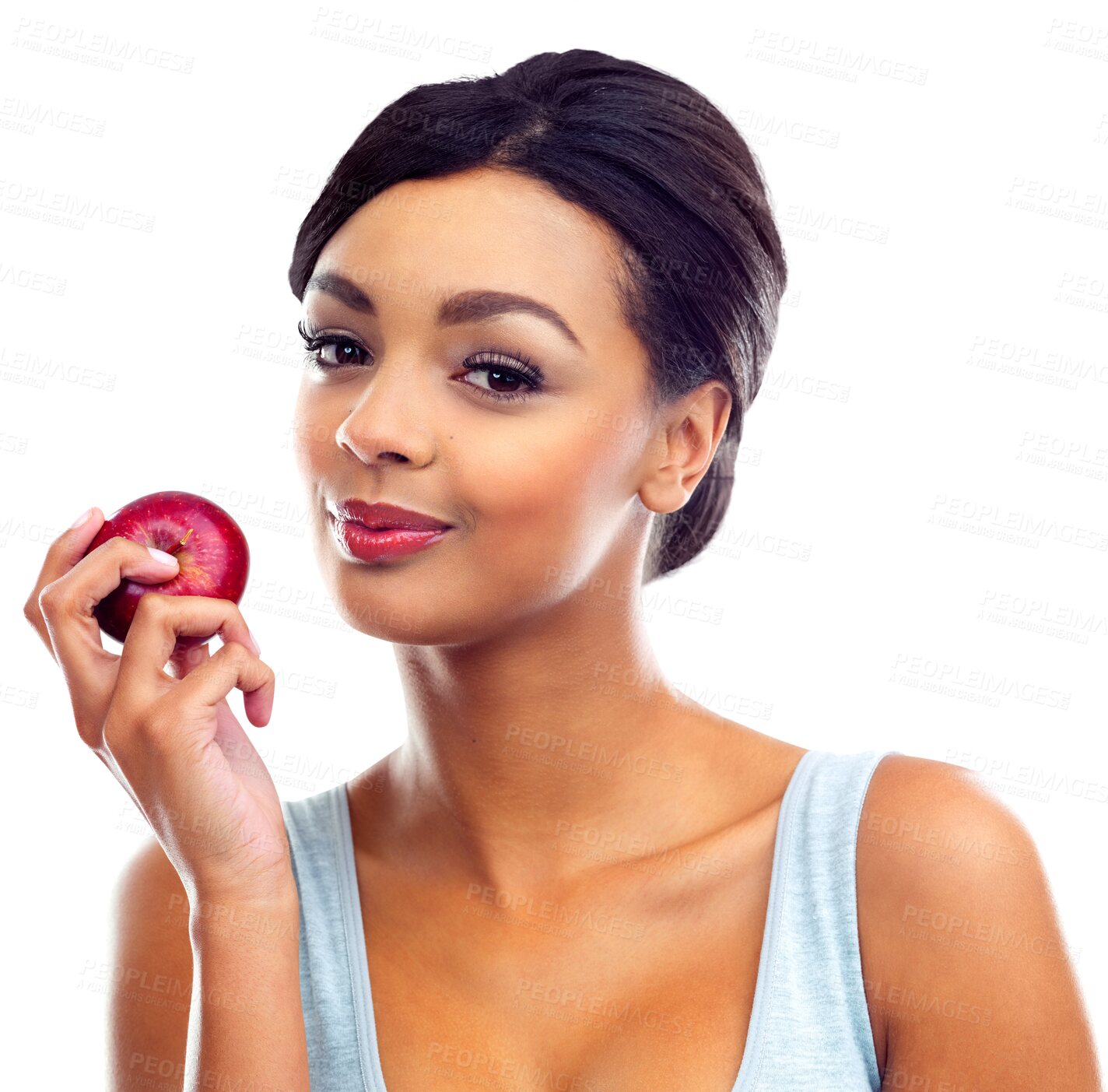 Buy stock photo Fruit, woman and apple portrait with health eating, wellness smile and happy. Nutrition, healthy food and female model with snack, diet meal and hungry isolated on a transparent, png background