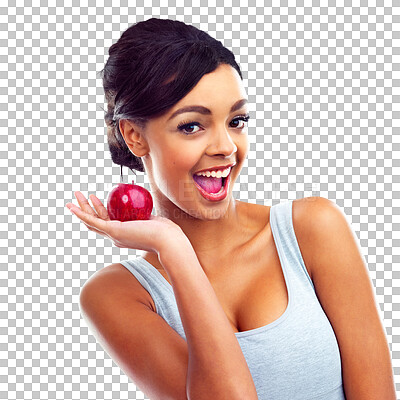 Buy stock photo Happy woman, apple and portrait nutrition for diet or wellness isolated on a transparent PNG background. Face of female person, vegan or model holding organic fruit or food for healthy snack or meal