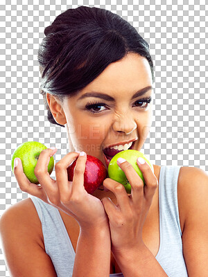 Buy stock photo Woman, portrait and biting apple for natural nutrition or diet isolated on a transparent PNG background. Face of female person, vegan or model eating organic fruit or food for healthy snack or meal