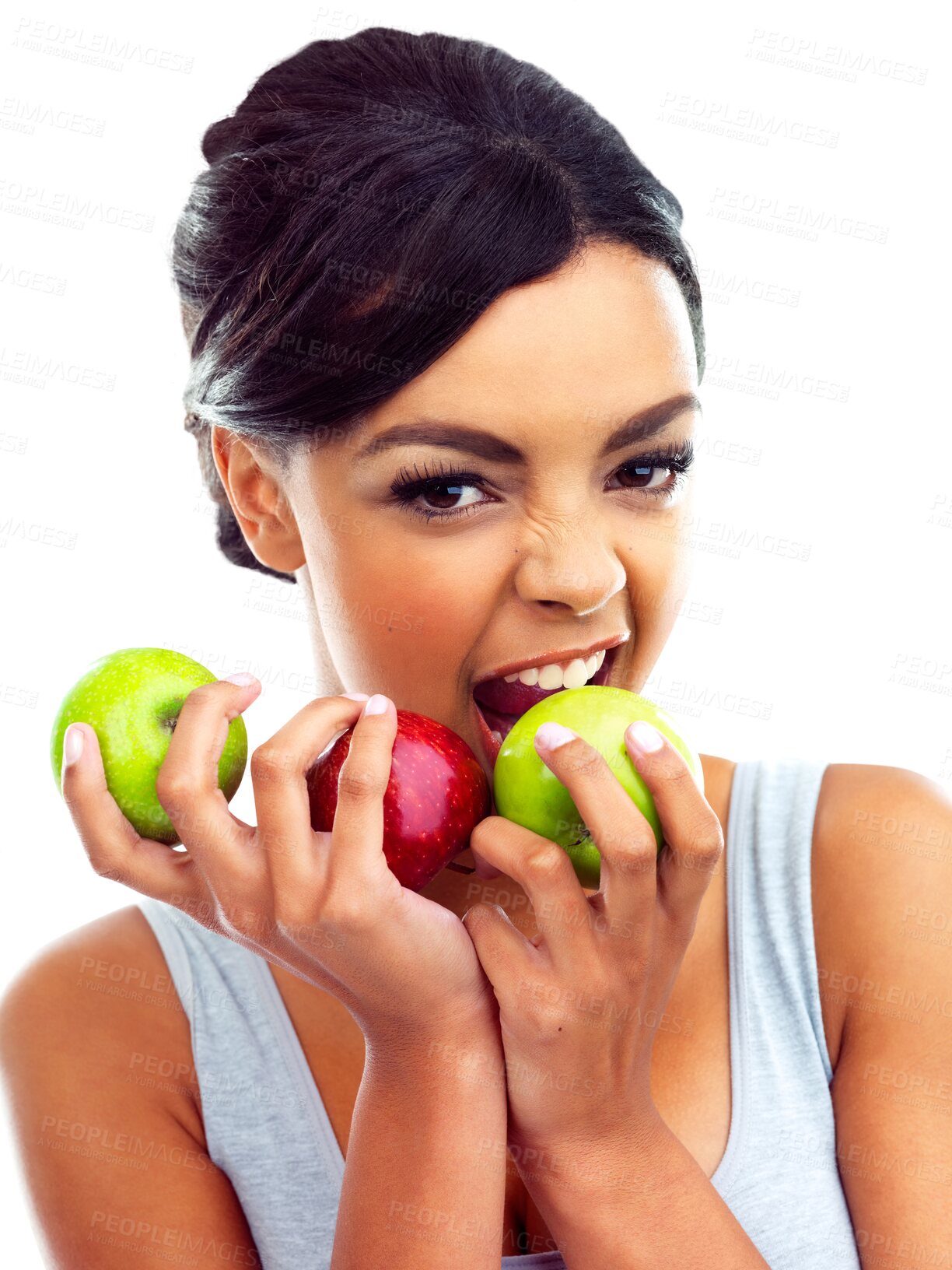 Buy stock photo Woman, portrait and biting apple for natural nutrition or diet isolated on a transparent PNG background. Face of female person, vegan or model eating organic fruit or food for healthy snack or meal