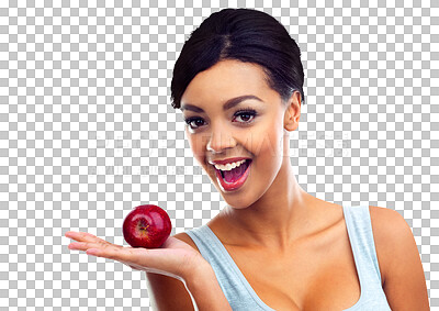 Buy stock photo Happy woman, portrait and apple for natural nutrition or diet isolated on a transparent PNG background. Face of female person, vegetarian or model holding organic fruit, food or healthy snack or meal