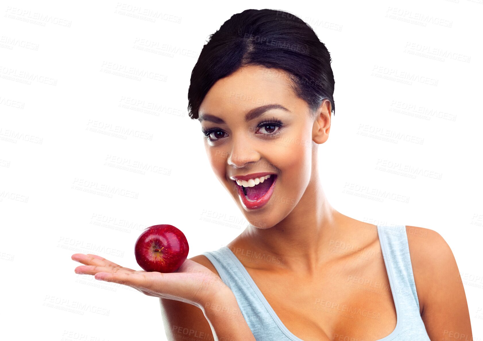 Buy stock photo Happy woman, portrait and apple for natural nutrition or diet isolated on a transparent PNG background. Face of female person, vegetarian or model holding organic fruit, food or healthy snack or meal