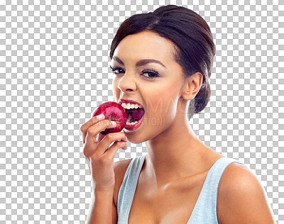 Buy stock photo Woman, portrait and biting apple for natural nutrition or diet isolated on a transparent PNG background. Face of female person, vegetarian or model eating organic fruit, food or healthy snack or meal