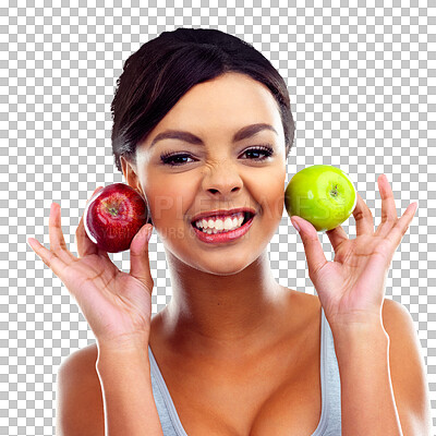 Buy stock photo Portrait, smile and woman with apples, nutrition and wellness isolated on a transparent background. Face, person and model with fruit, detox and png with vegan, healthy and weight loss with snack