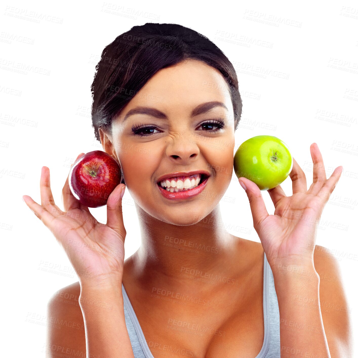 Buy stock photo Portrait, smile and woman with apples, nutrition and wellness isolated on a transparent background. Face, person and model with fruit, detox and png with vegan, healthy and weight loss with snack