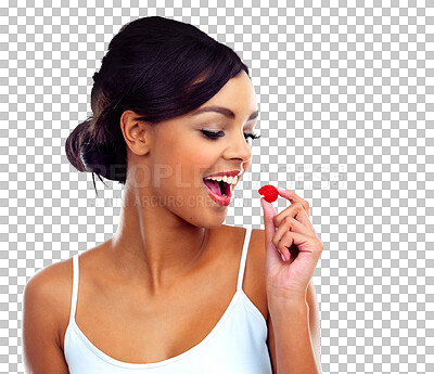 Buy stock photo Healthy, smile and woman with a raspberry, nutrition and wellness isolated on a transparent background. Person, model and girl with fruit, eating and snack with detox, diet and vegan with png or joy