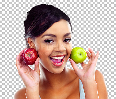 Buy stock photo Portrait, smile and woman with apples, wellness and healthy girl isolated on transparent background. Face, person and model with detox, fruits and png with vegan, nutrition and weight loss with snack