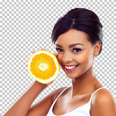 Buy stock photo Portrait, orange and smile with a woman, nutrition and wellness isolated on a transparent background. Face, person and model with vitamin c, fruit and diet with a snack, detox and png with citrus