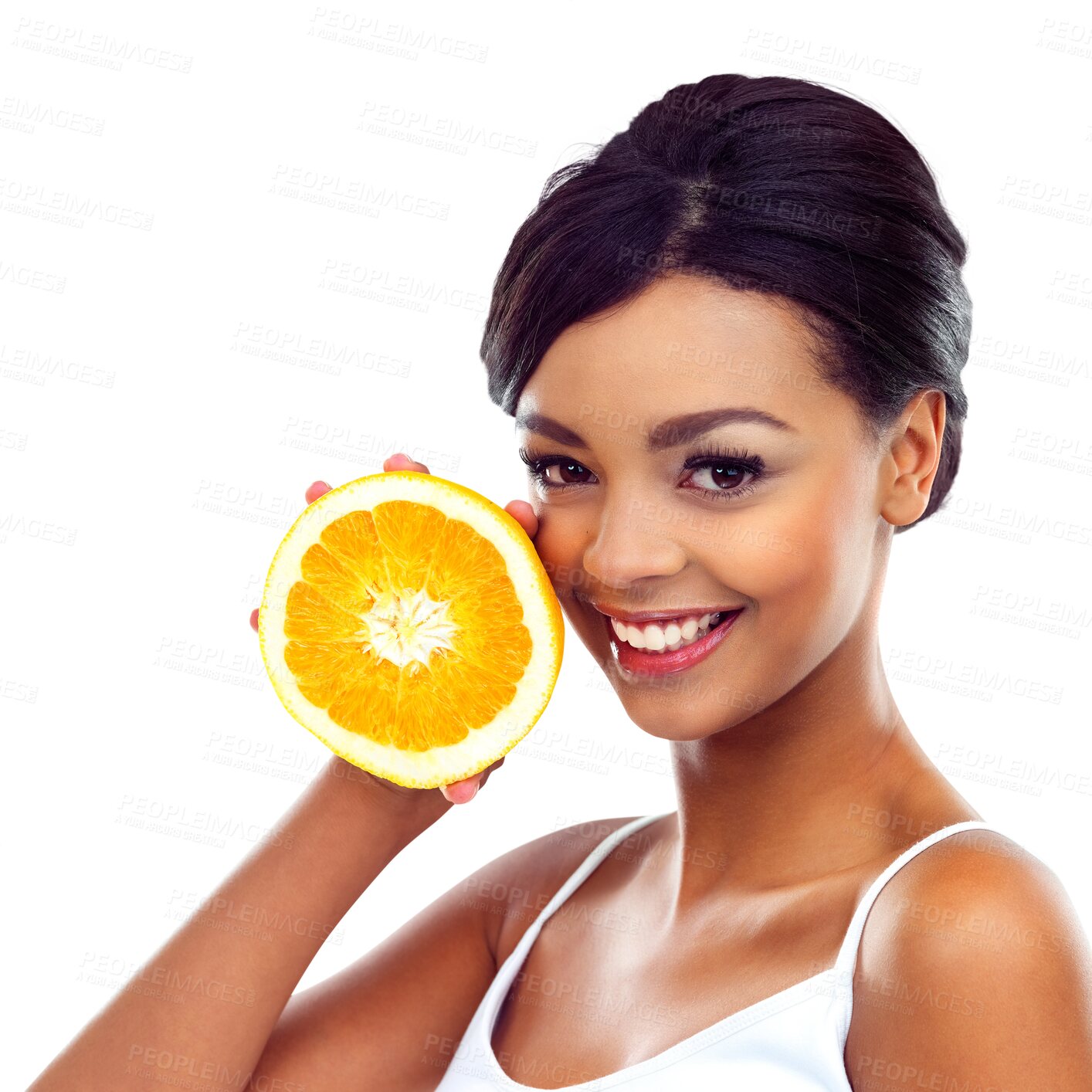 Buy stock photo Portrait, orange and smile with a woman, nutrition and wellness isolated on a transparent background. Face, person and model with vitamin c, fruit and diet with a snack, detox and png with citrus