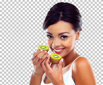 Buy stock photo Portrait, smile and woman with kiwi, nutrition and wellness isolated on a transparent background. Face, person and model with diet, png or fruit with happiness, aesthetic and healthy snack with detox