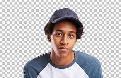 Buy stock photo Confident, fashion and portrait of black man with hat on isolated, png and transparent background. Attractive, accessories and face of person in trendy clothes, casual outfit and style with pride