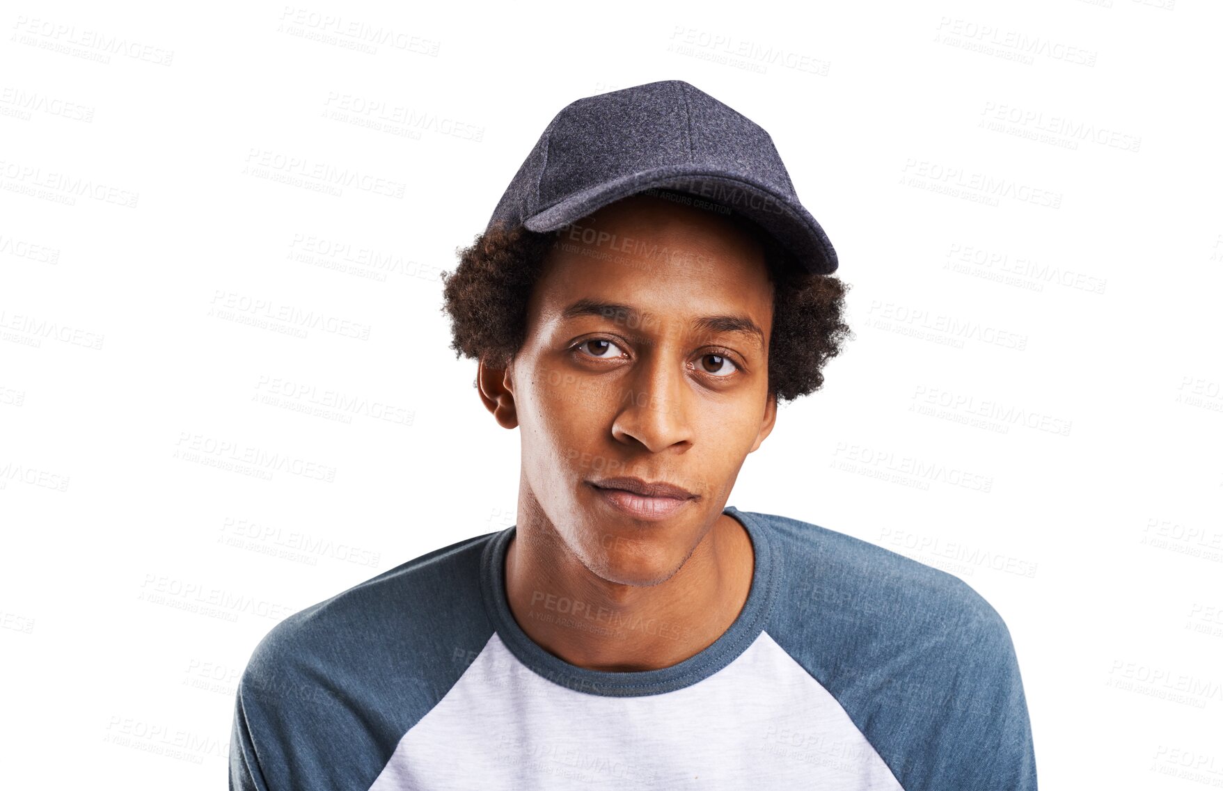 Buy stock photo Confident, fashion and portrait of black man with hat on isolated, png and transparent background. Attractive, accessories and face of person in trendy clothes, casual outfit and style with pride