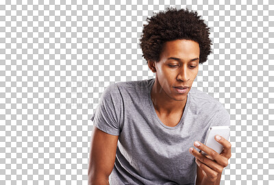 Buy stock photo Internet, typing and black man with a smartphone, connection and social media isolated on a transparent background. African person, model and guy with a cellphone, digital app and png with network