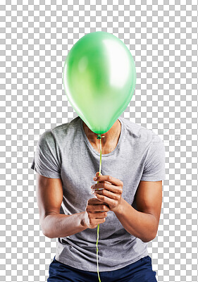 Buy stock photo Hide, birthday or party and a black man with a balloon isolated on a transparent background for celebration. Shy, cover or behind with a person holding a green, helium direction at an event on PNG