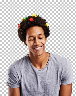 Buy stock photo Happy man, smile and haircare with paper for treatment, hair mask or hydration. Black person, male student and excitement on face on isolated or transparent png background by colorful shapes on head