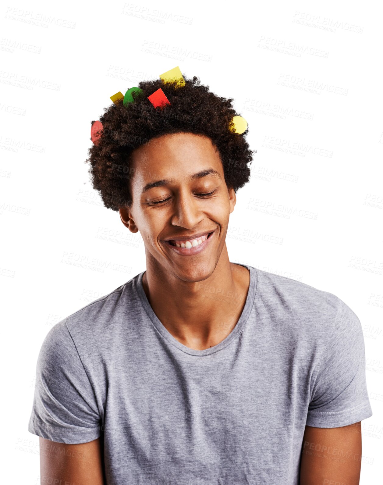 Buy stock photo Happy man, smile and haircare with paper for treatment, hair mask or hydration. Black person, male student and excitement on face on isolated or transparent png background by colorful shapes on head