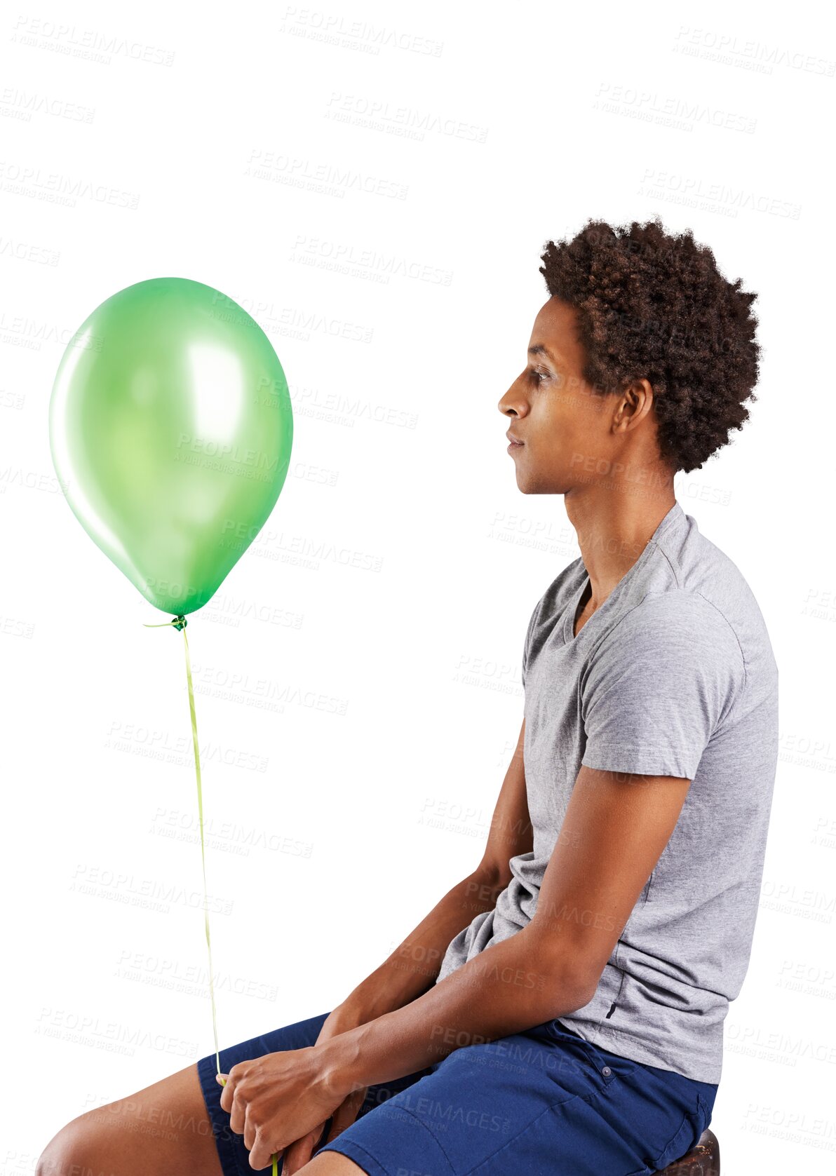 Buy stock photo Man, balloon and sad at birthday party or depressed for celebration, unhappy or isolated on transparent png background. Male person, event decorations and alone for bad mood, upset problem or lonely