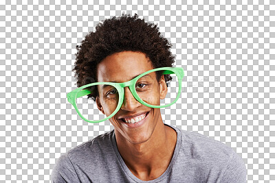 Buy stock photo Portrait, comic and oversize glasses with a black man isolated on a transparent background for humor. Face, smile and funny with a happy young person joking in large eyewear on png for comedy