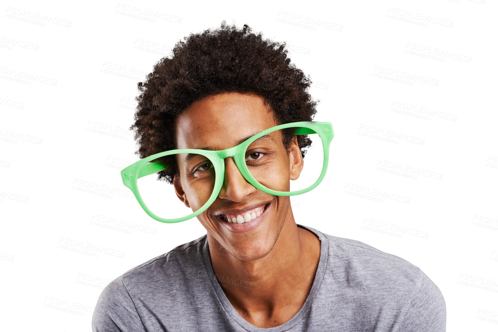 Buy stock photo Portrait, comic and oversize glasses with a black man isolated on a transparent background for humor. Face, smile and funny with a happy young person joking in large eyewear on png for comedy