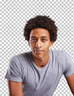 Buy stock photo Portrait, afro and black man with fashion, casual outfit and confident guy isolated on a transparent background. Face, model and African person with t shirt, clothes and style with joy, relax and png