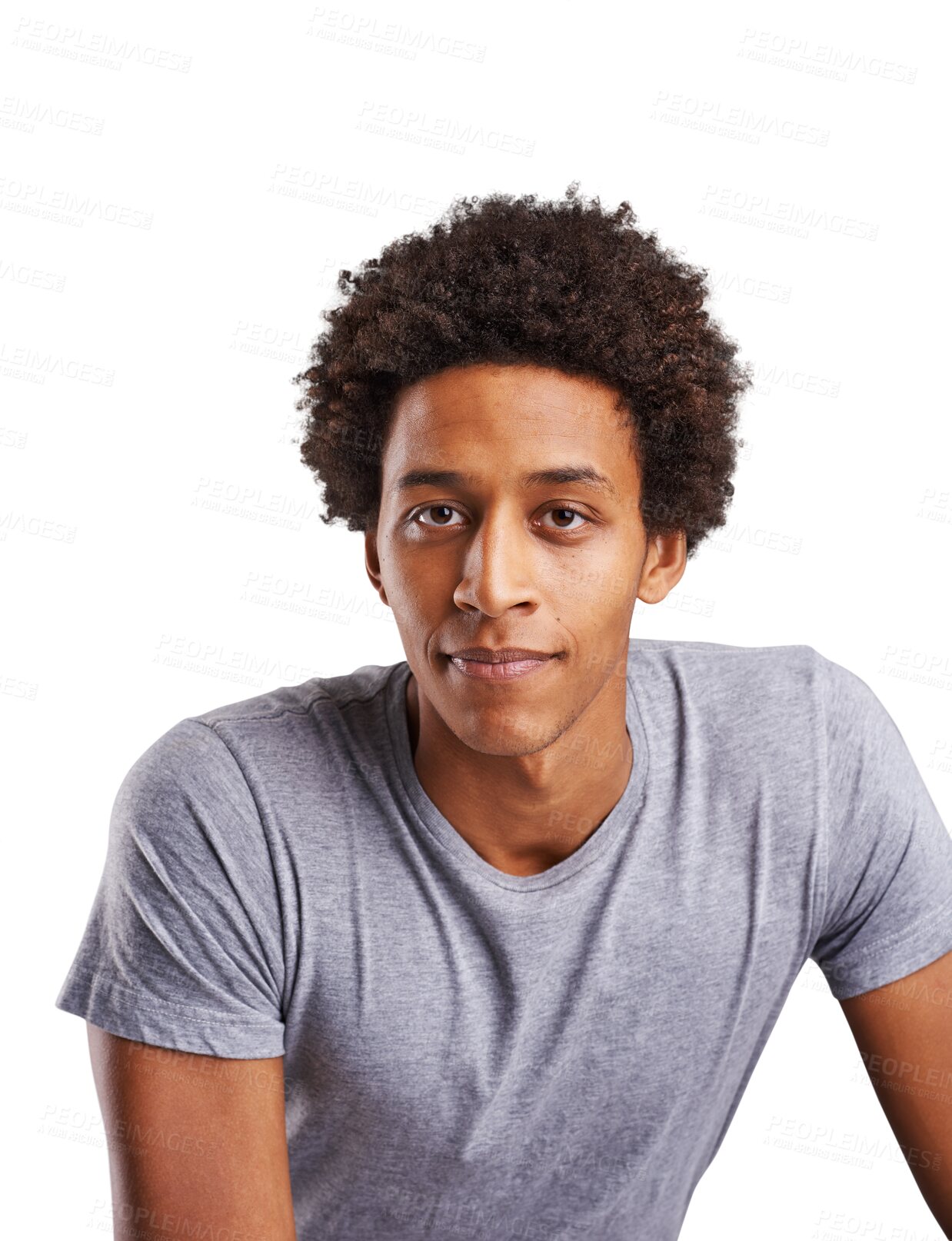 Buy stock photo Portrait, afro and black man with fashion, casual outfit and confident guy isolated on a transparent background. Face, model and African person with t shirt, clothes and style with joy, relax and png