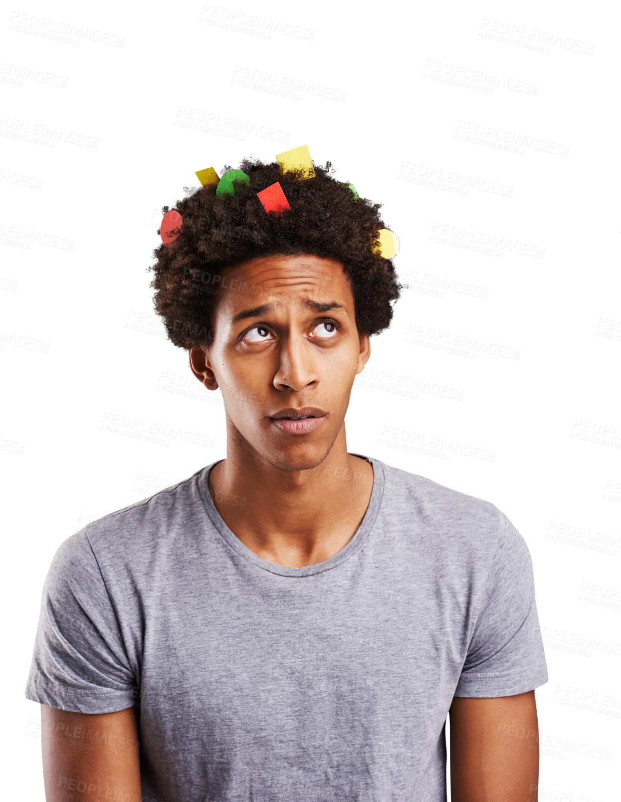 Buy stock photo Man, thinking and idea with paper in hair for cool, trendy of modern vision for care of afro. Black person, colorful and shapes with doubt on face on isolated or transparent png background for choice