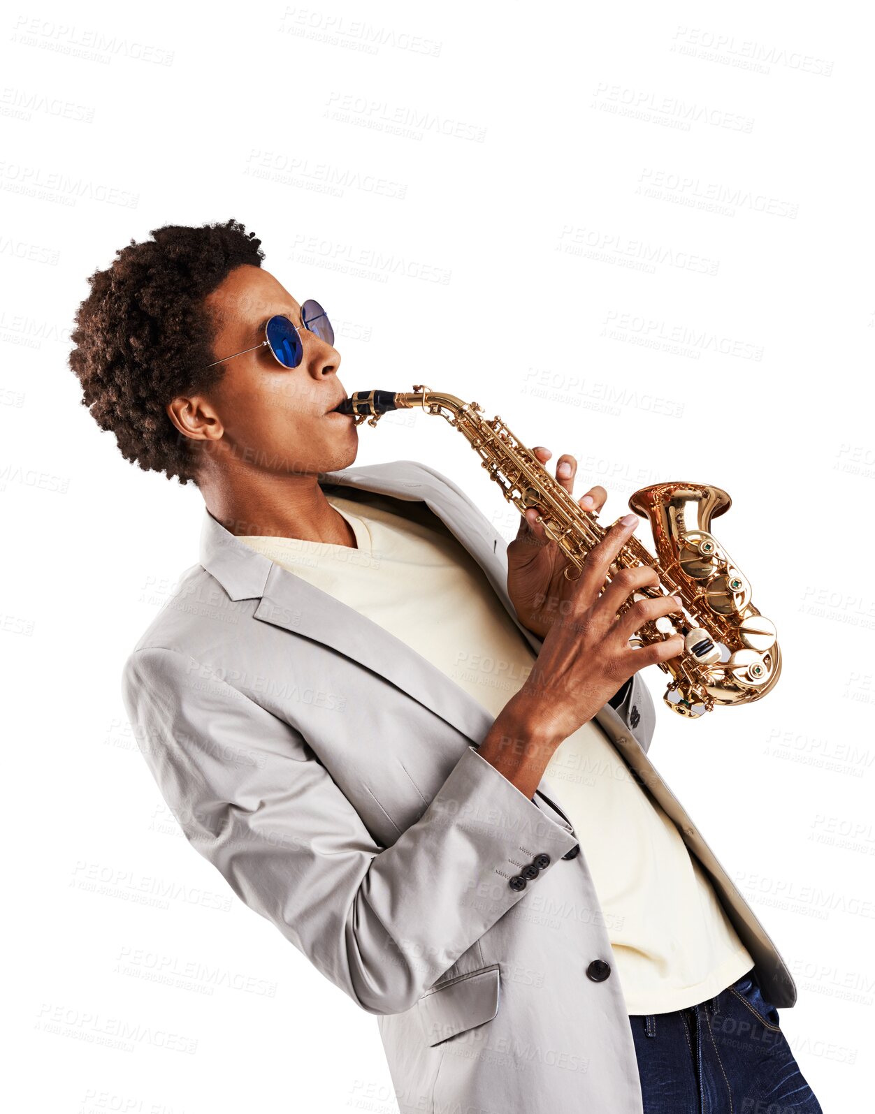 Buy stock photo Man, saxophone and music or performance band practice for concert, orchestra or jazz festival. Male person, play instrument for learning creative audio show, isolated on transparent png background