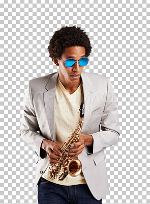 Buy stock photo Man, saxophone and play music or performance practice for band concert, orchestra or jazz festival. Male person, instrument for learning creative audio show, isolated on transparent png background