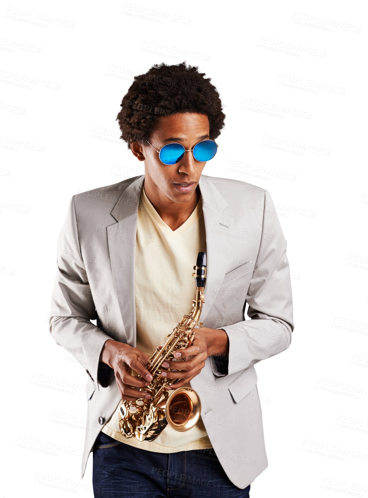 Buy stock photo Man, saxophone and play music or performance practice for band concert, orchestra or jazz festival. Male person, instrument for learning creative audio show, isolated on transparent png background