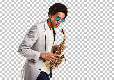 Buy stock photo Man, saxophone and music for concert practice performance, orchestra or jazz band festival. Male person, play instrument and skill learning creative audio show, isolated on transparent png background