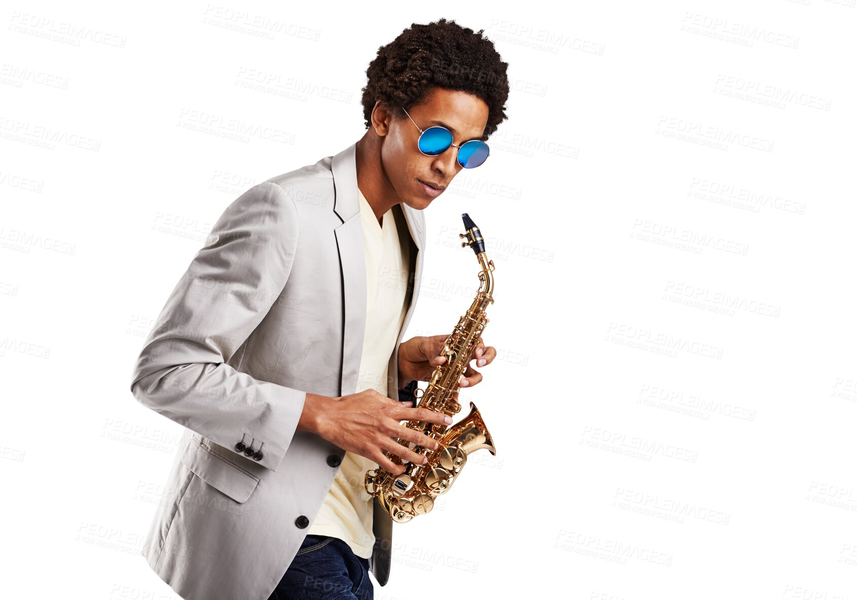 Buy stock photo Man, saxophone and music for concert practice performance, orchestra or jazz band festival. Male person, play instrument and skill learning creative audio show, isolated on transparent png background