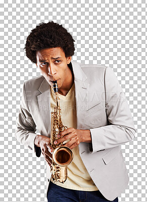 Buy stock photo Man, saxophone and music for concert performance play, orchestra or jazz band festival. Male person, practice instrument and skill learning creative audio show, isolated on transparent png background