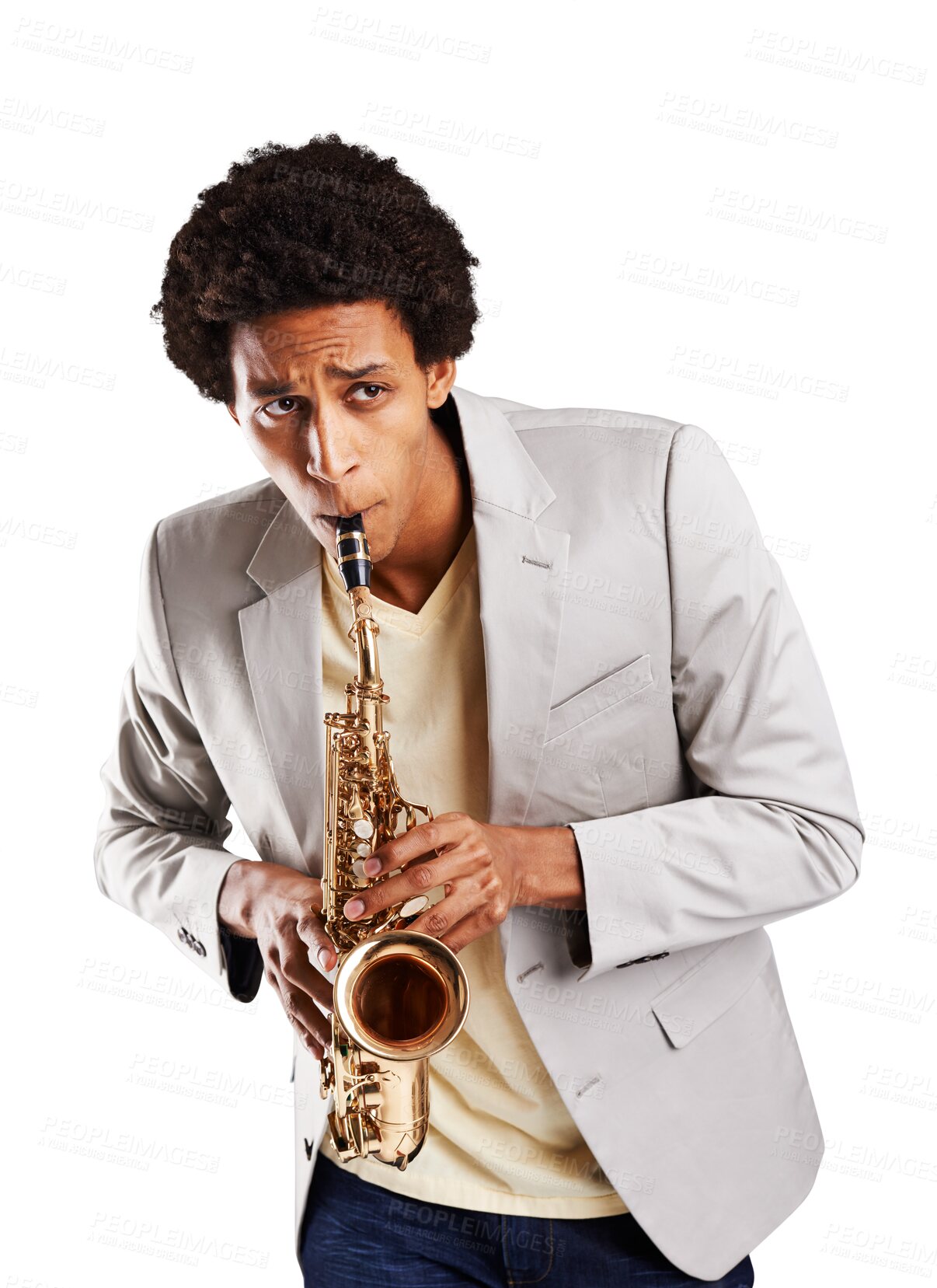 Buy stock photo Man, saxophone and music for concert performance play, orchestra or jazz band festival. Male person, practice instrument and skill learning creative audio show, isolated on transparent png background