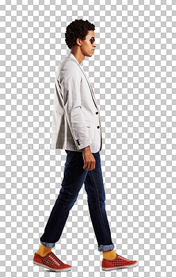 Buy stock photo Profile, black man and fashion with gen z, stylish clothes and confident guy isolated on a transparent background. African person, full body and model with casual outfit, hipster and trendy with png