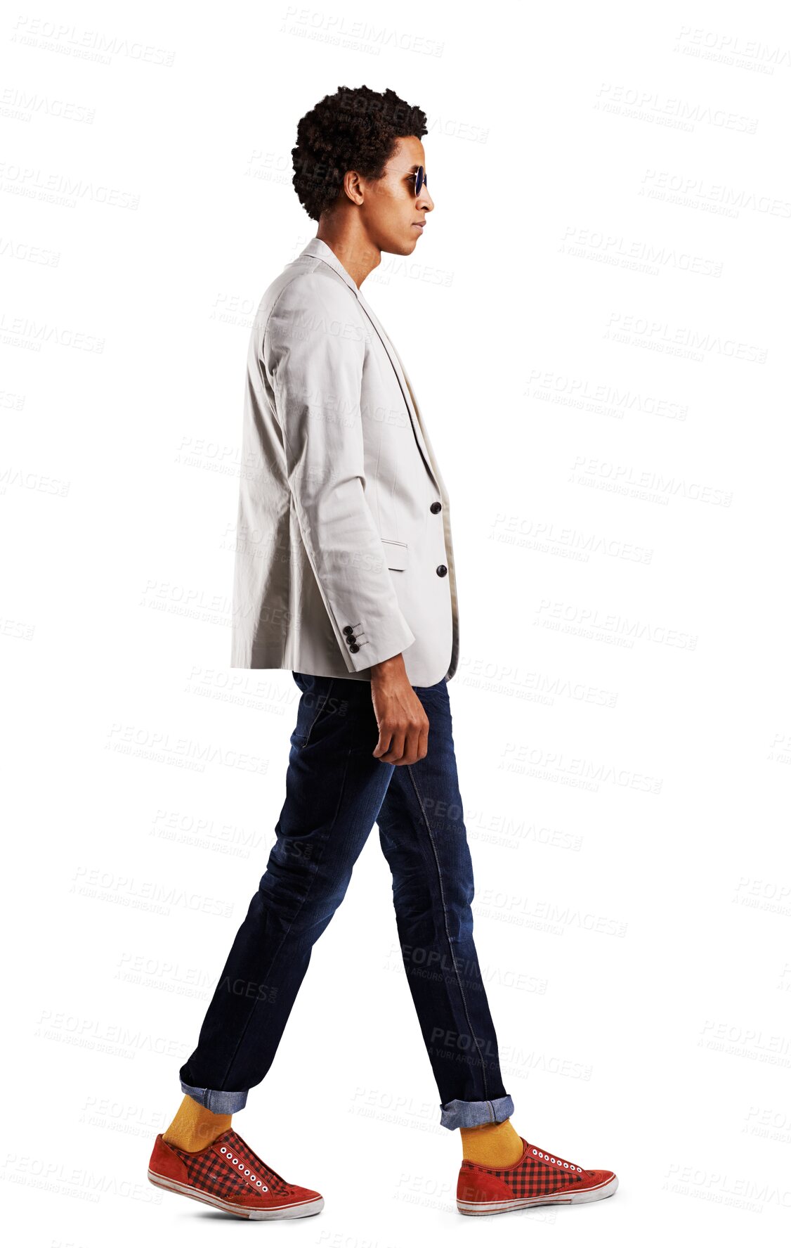 Buy stock photo Profile, black man and fashion with gen z, stylish clothes and confident guy isolated on a transparent background. African person, full body and model with casual outfit, hipster and trendy with png