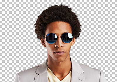 Buy stock photo Portrait, fashion and sunglasses with a business black man isolated on a transparent background. Face, shades and a young corporate professional on PNG as a professional in a work outfit for style