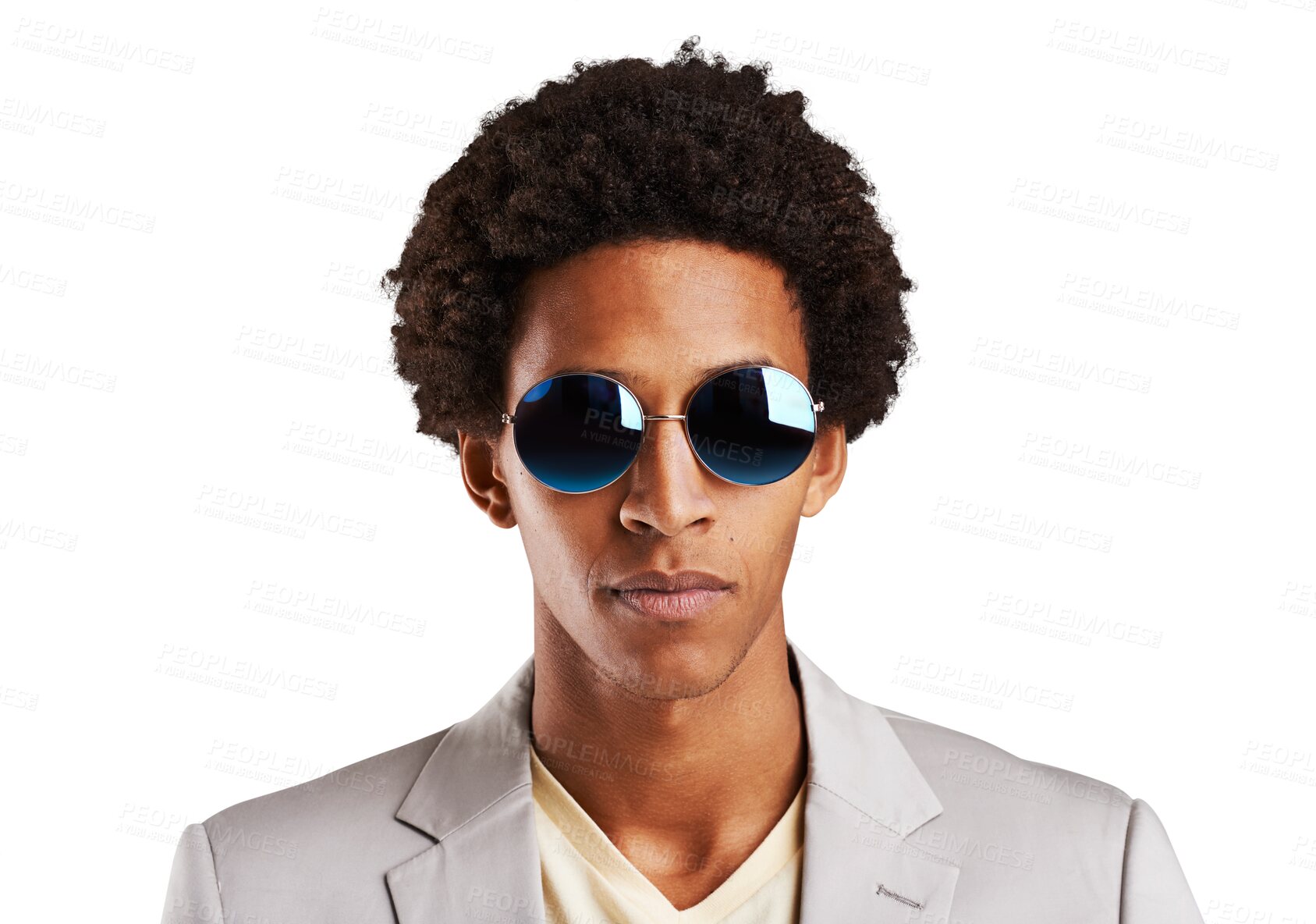 Buy stock photo Portrait, fashion and sunglasses with a business black man isolated on a transparent background. Face, shades and a young corporate professional on PNG as a professional in a work outfit for style