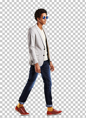 Buy stock photo Profile, black man and fashion with gen z, trendy clothes and confident guy isolated on a transparent background. African person, full body and model with casual outfit, hipster and hispter with png