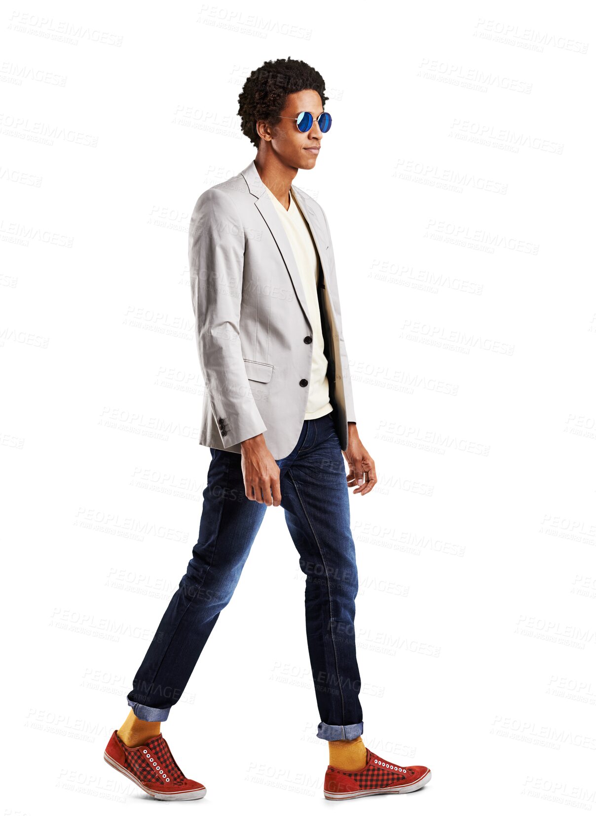 Buy stock photo Profile, black man and fashion with gen z, trendy clothes and confident guy isolated on a transparent background. African person, full body and model with casual outfit, hipster and hispter with png