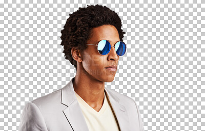 Buy stock photo Face, fashion and sunglasses with a business black man isolated on a transparent background. Vision, shades and a young corporate professional on PNG as a professional in a work outfit for style