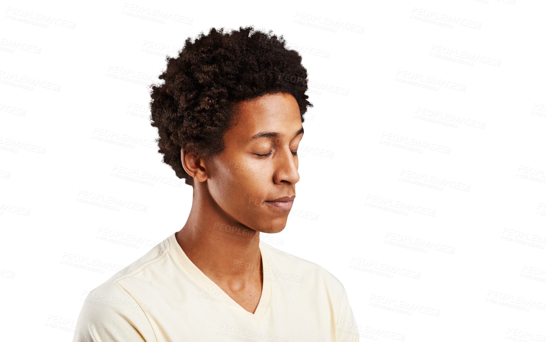 Buy stock photo Thinking, black man and closed eyes with peace, zen and wellness isolated on a transparent background. African person, guy and model with chakra, wonder and casual with meditation, png and calm